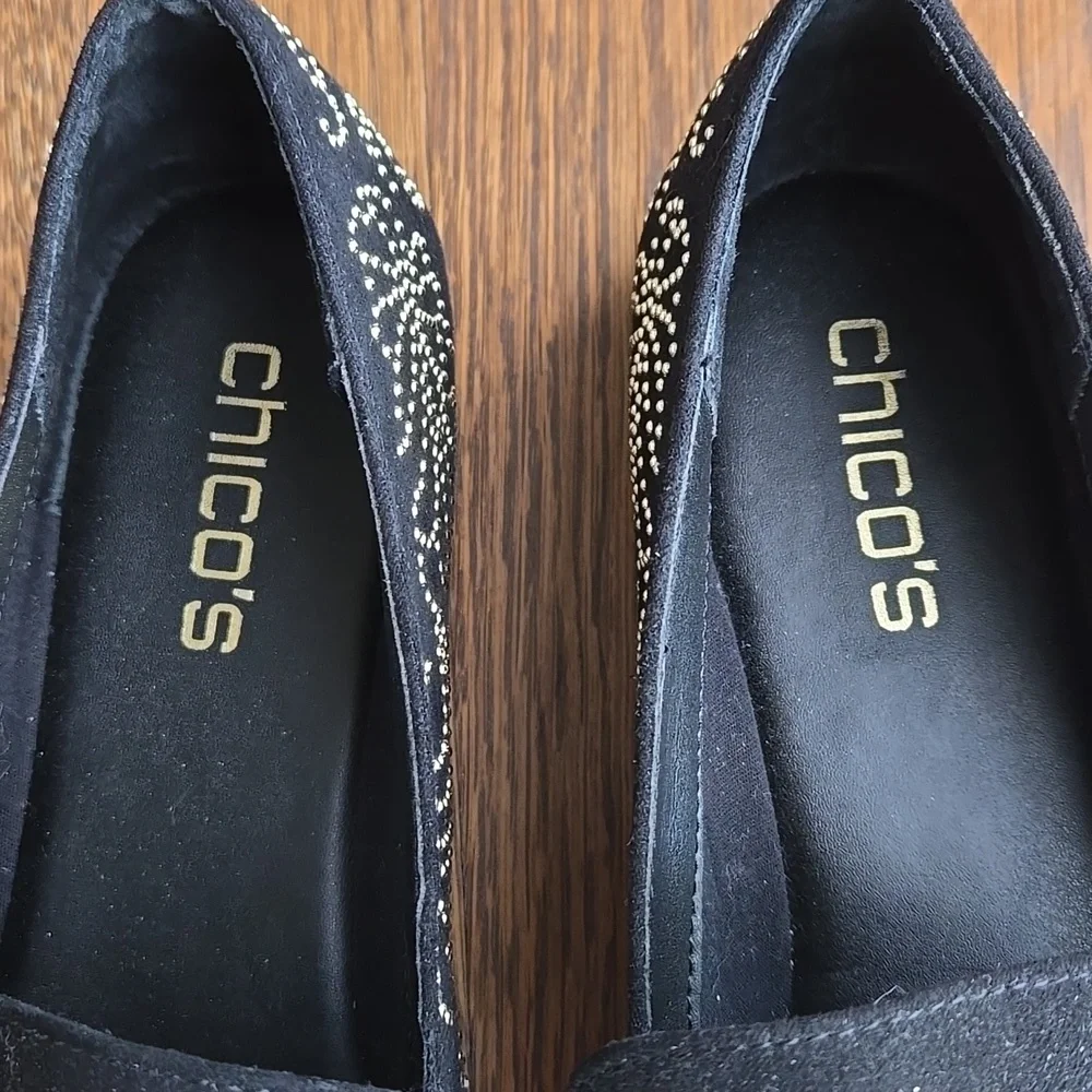 Chico's Gwyn Art Deco Beaded Flats Black Gold 9.5